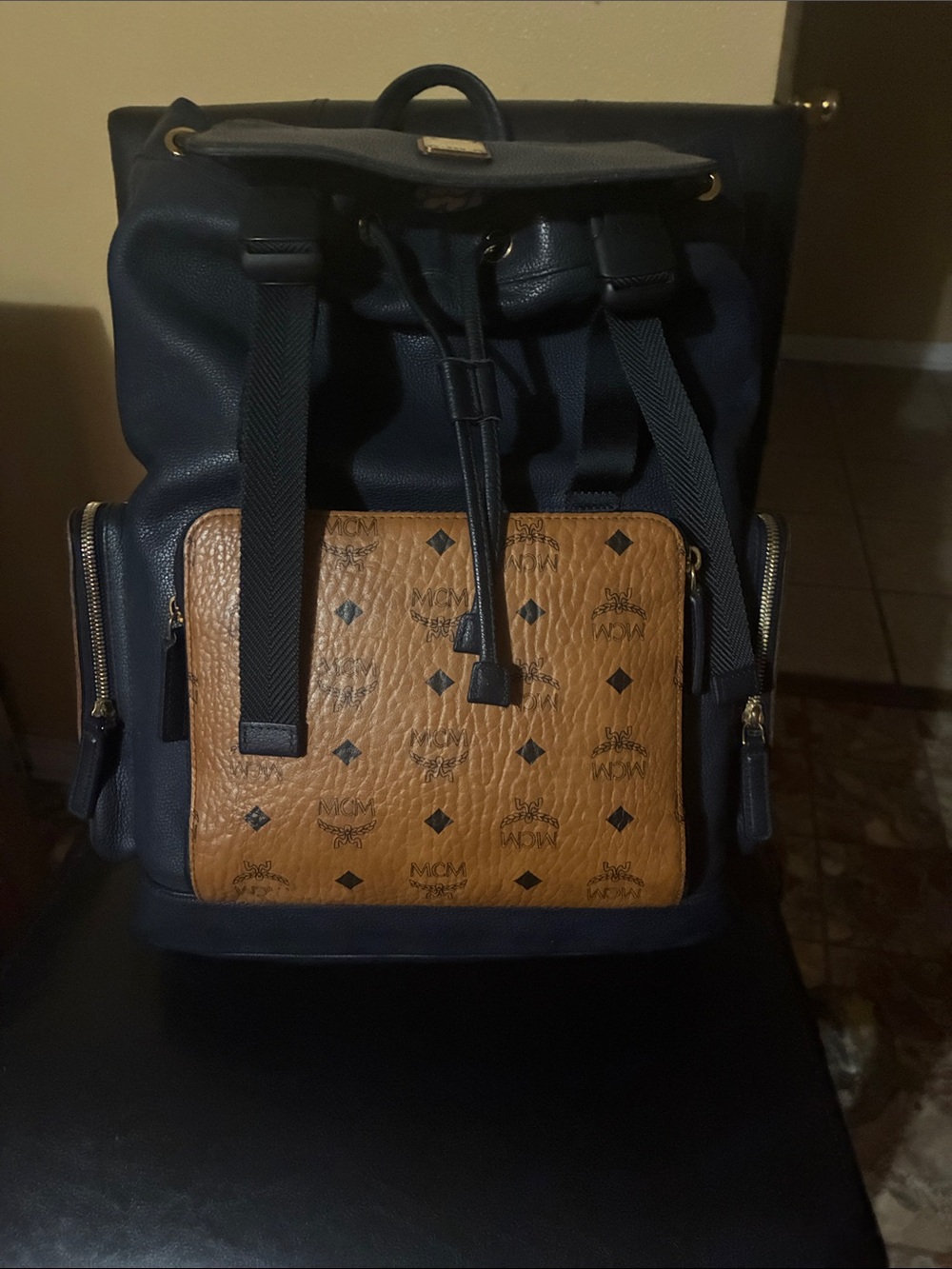MCM Navy Leather Backpack with Cognac Visetos Pocket